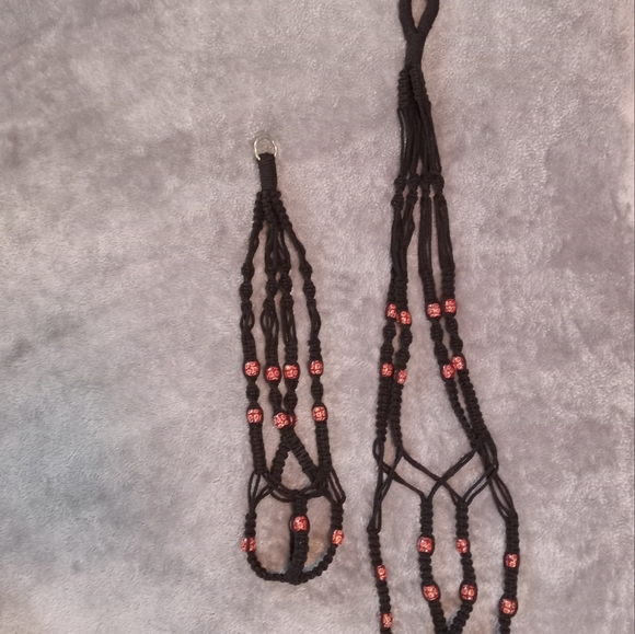 Plant Hanger Macrame Black Floral Beads Set Of 2 With Rings Handmade Small Med - Picture 10 of 15